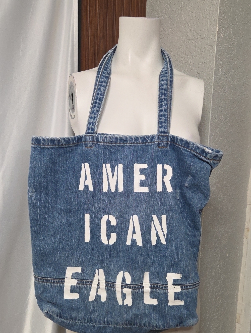 American Eagle Outfitters Blue Denim Tote with Brown Patch